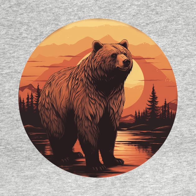 Retro Sunset Bear in Canadian Forest by HBfunshirts